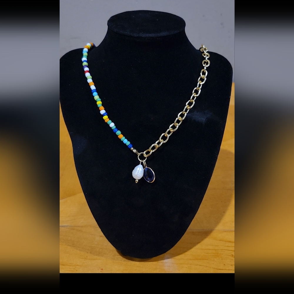 Handmade multicolor beaded and gold plated chain necklace